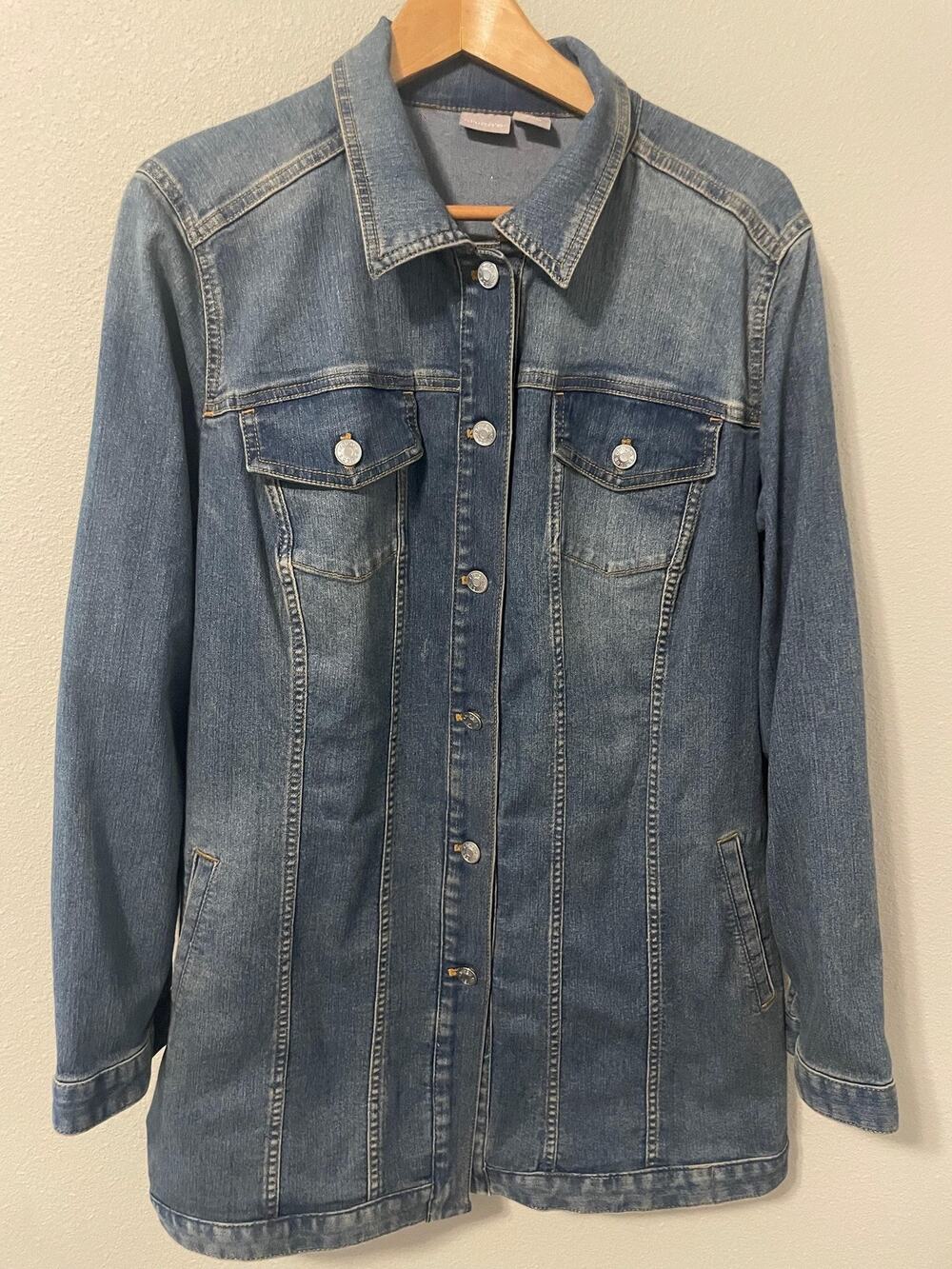 Chicos Jacket Womens 3 US 16 18 Blue Denim Long Button Front Classic Stretch